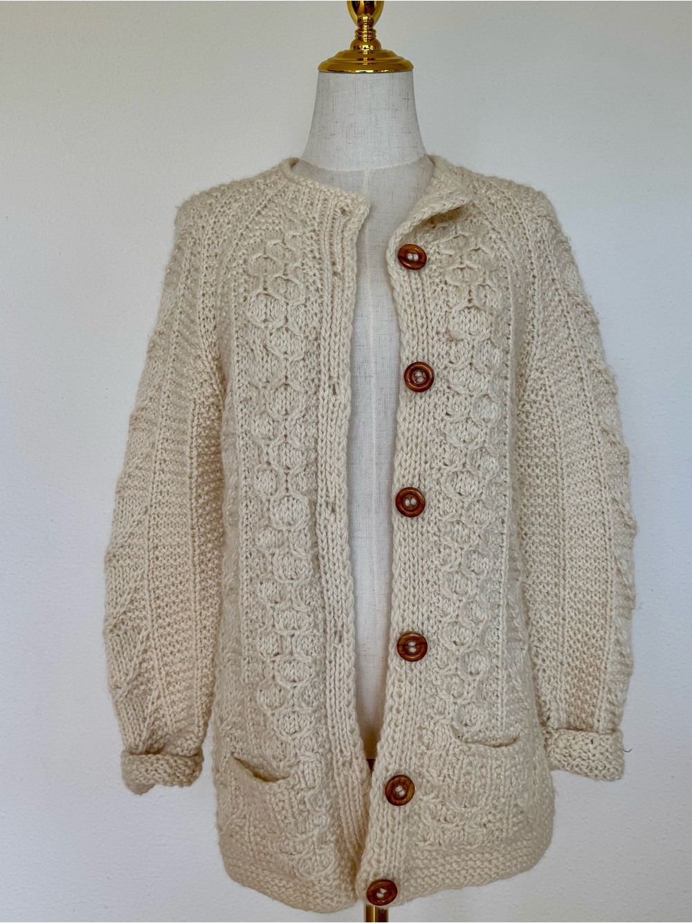 Women's Cable Knit Cardigan, Handmade in Greece. 100% Wool, Cream color.